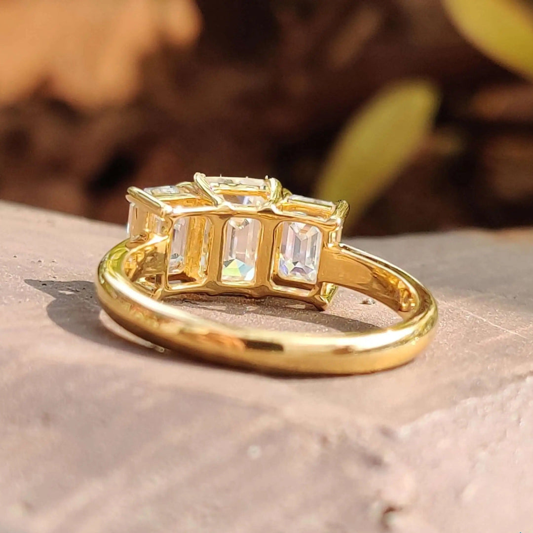 Moissanite Ring - Elegant Three Stone Emerald Cut Engagement Ring