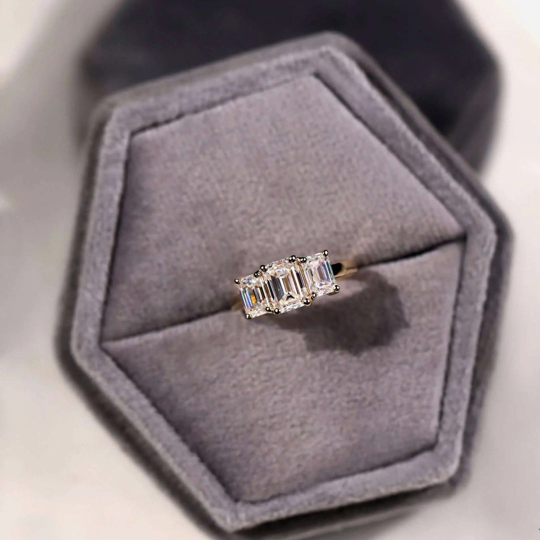 Moissanite Ring - Elegant Three Stone Emerald Cut Engagement Ring