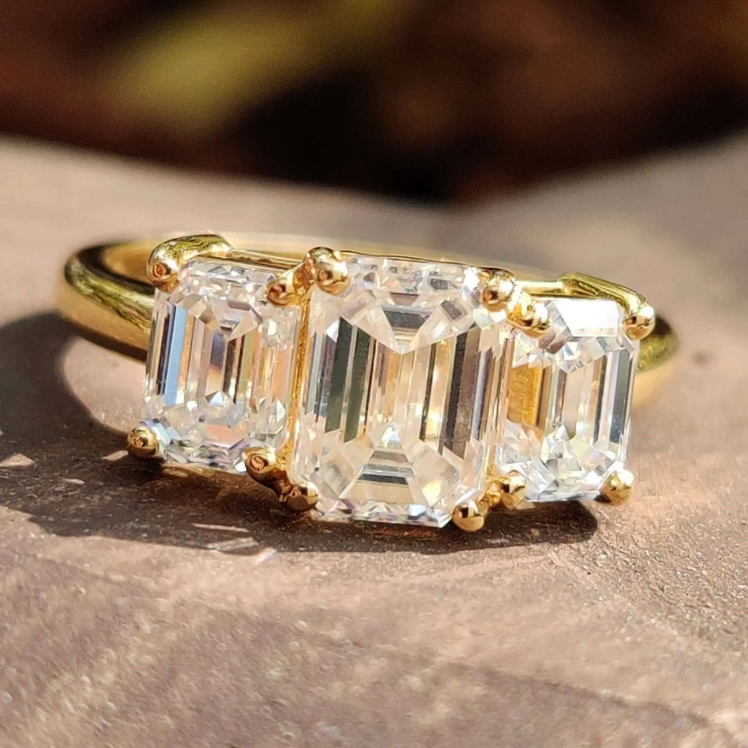 Moissanite Ring - Elegant Three Stone Emerald Cut Engagement Ring