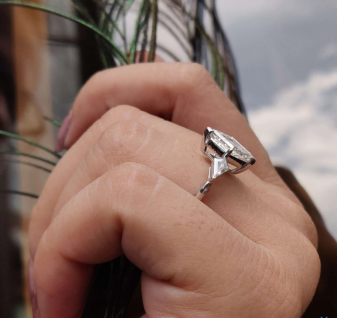 Moissanite Ring - Antique Three Stone Lozenge Cut Engagement Ring