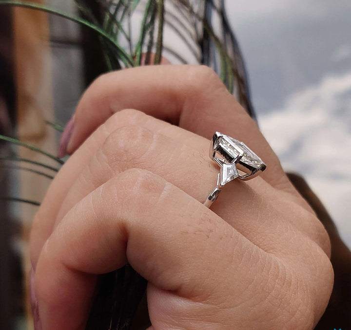 Moissanite Ring - Antique Three Stone Lozenge Cut Engagement Ring