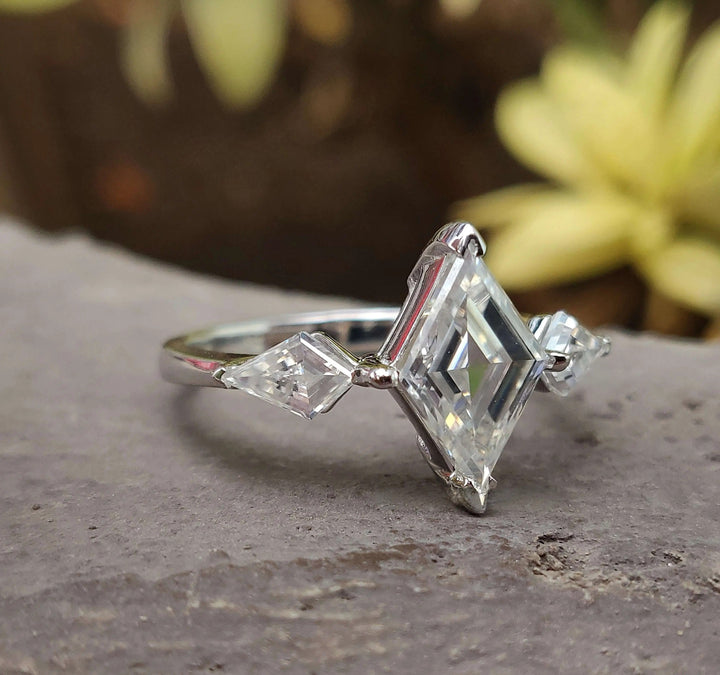 Moissanite Ring - Antique Three Stone Lozenge Cut Engagement Ring