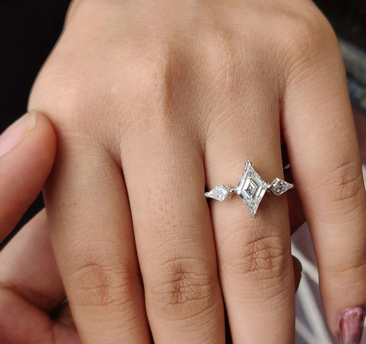 Moissanite Ring - Antique Three Stone Lozenge Cut Engagement Ring