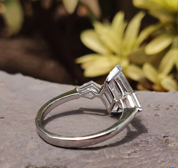 Moissanite Ring - Antique Three Stone Lozenge Cut Engagement Ring