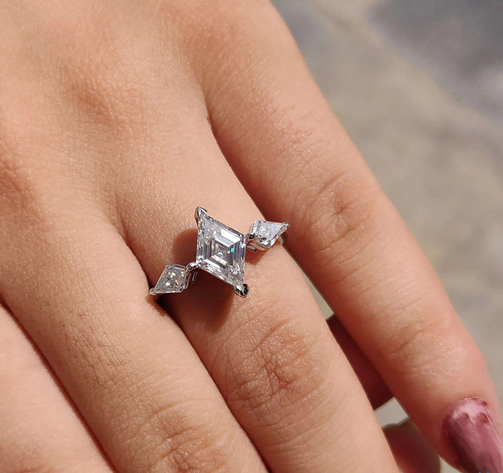 Moissanite Ring - Antique Three Stone Lozenge Cut Engagement Ring