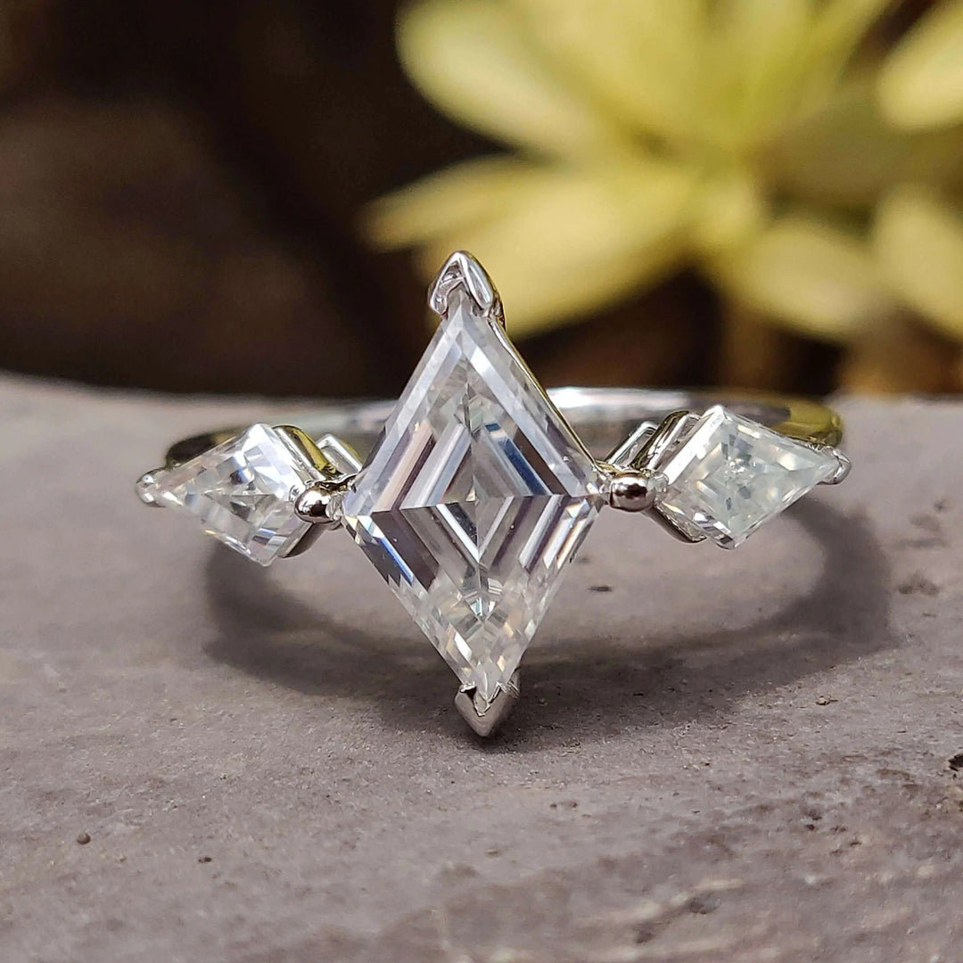 Moissanite Ring - Antique Three Stone Lozenge Cut Engagement Ring
