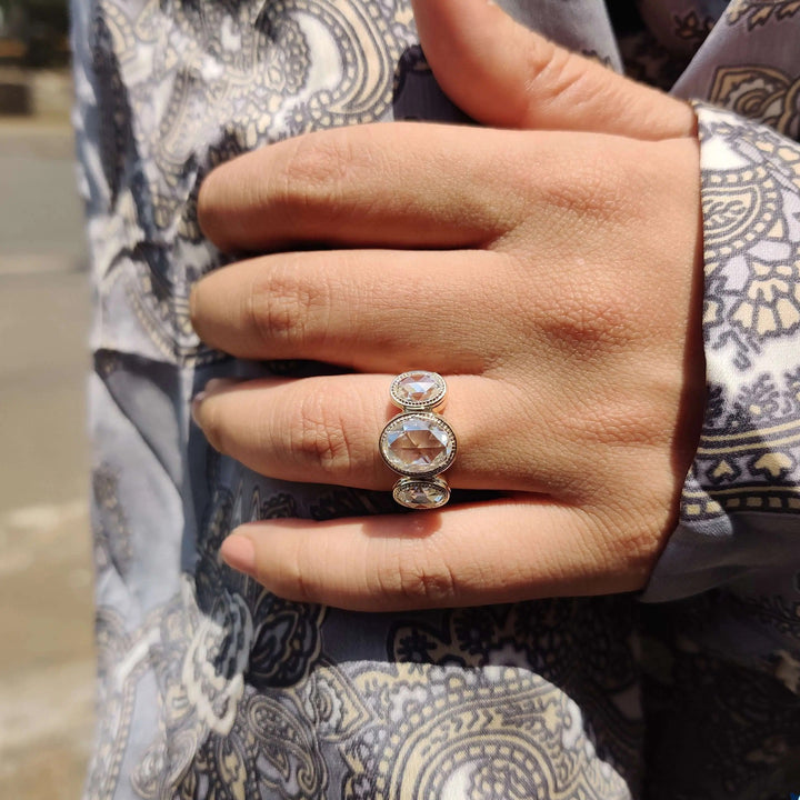 Moissanite Ring - Unique Bezel Set Three Stone Engagement Ring