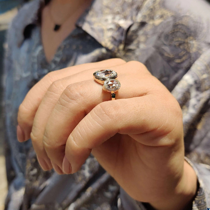 Moissanite Ring - Unique Bezel Set Three Stone Engagement Ring