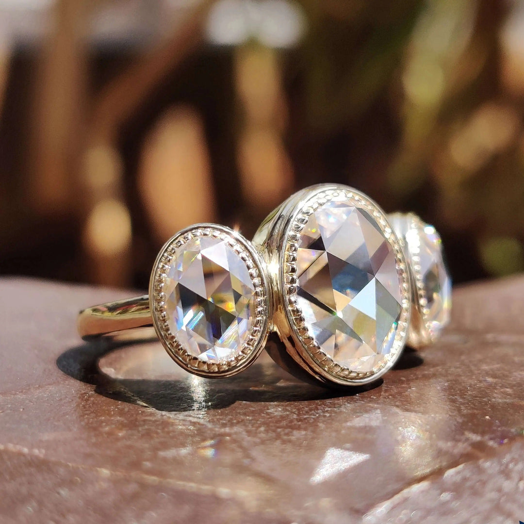 Moissanite Ring - Unique Bezel Set Three Stone Engagement Ring
