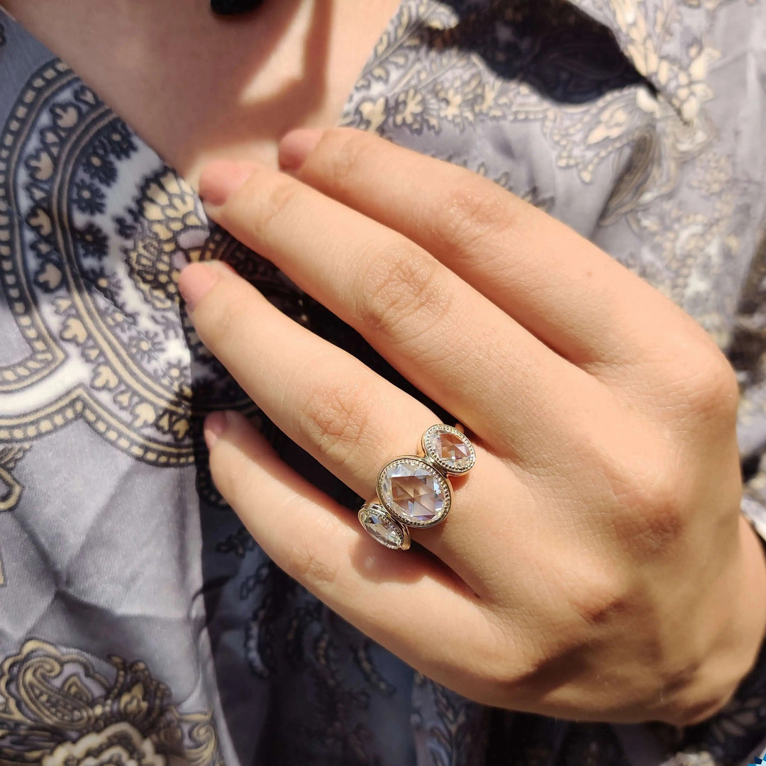 Moissanite Ring - Unique Bezel Set Three Stone Engagement Ring