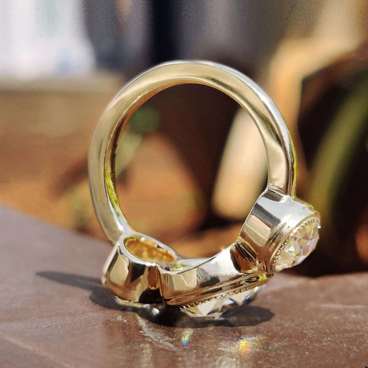 Moissanite Ring - Unique Bezel Set Three Stone Engagement Ring
