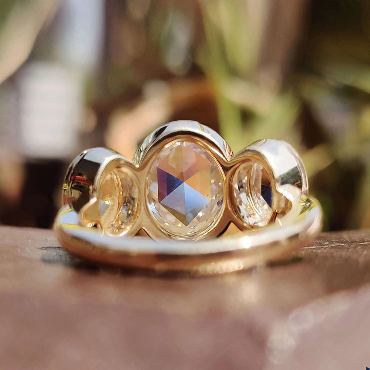 Moissanite Ring - Unique Bezel Set Three Stone Engagement Ring