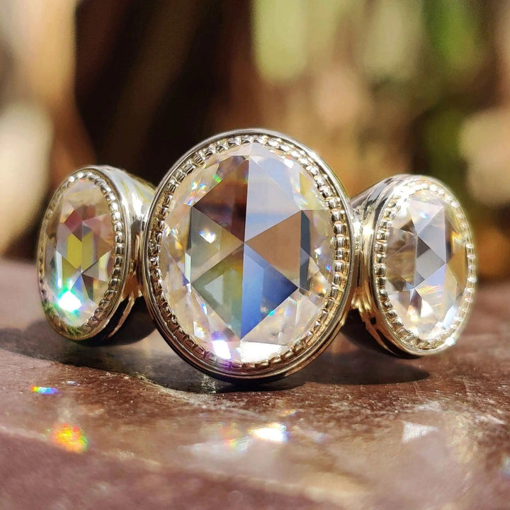 Moissanite Ring - Unique Bezel Set Three Stone Engagement Ring