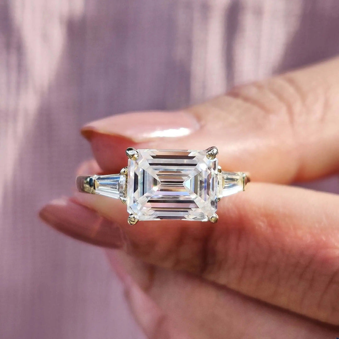 Moissanite Ring - Stunning Three Stone Emerald Cut Engagement Ring