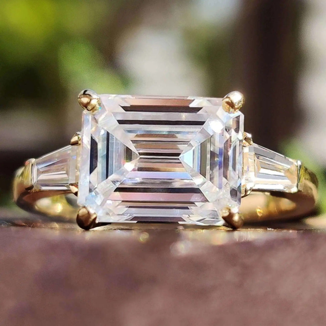 Moissanite Ring - Stunning Three Stone Emerald Cut Engagement Ring