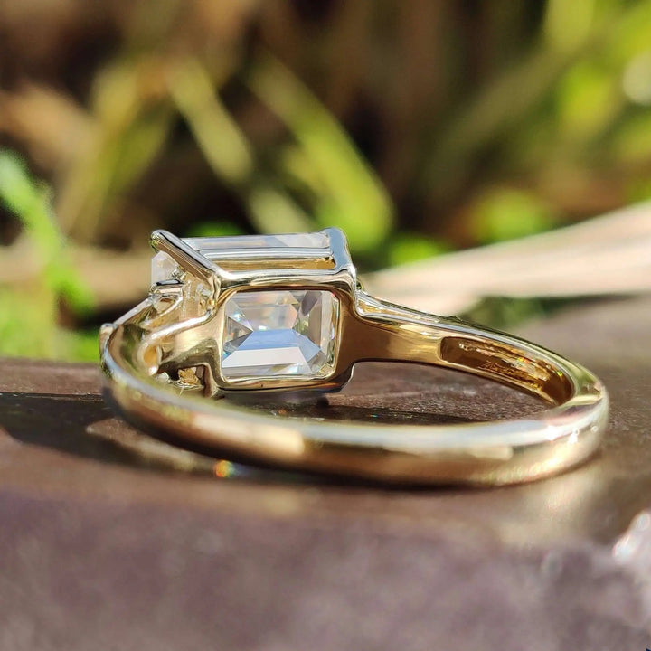 Moissanite Ring - Stunning Three Stone Emerald Cut Engagement Ring