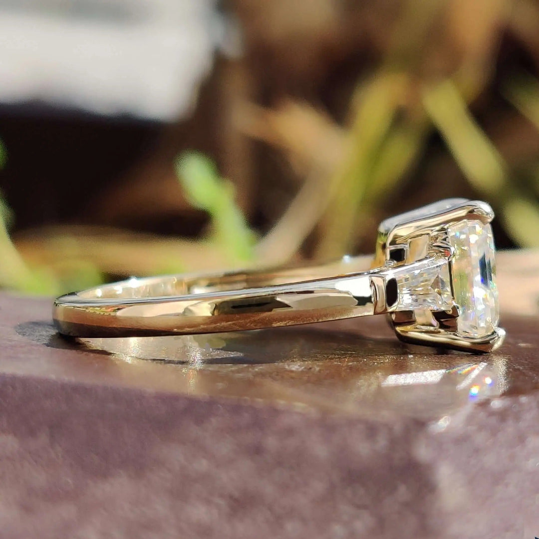 Moissanite Ring - Stunning Three Stone Emerald Cut Engagement Ring