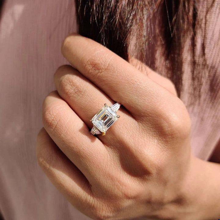 Moissanite Ring - Stunning Three Stone Emerald Cut Engagement Ring
