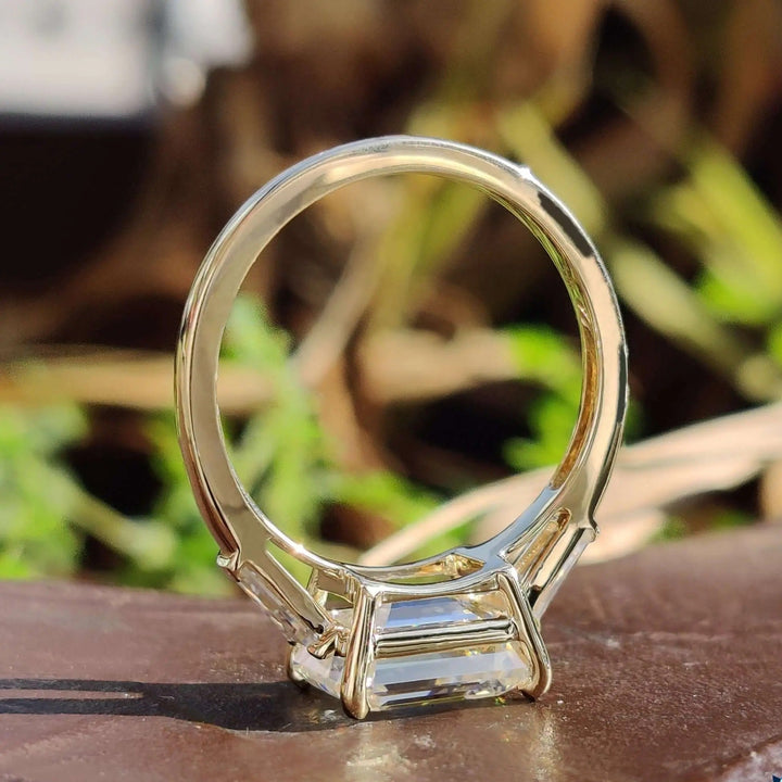 Moissanite Ring - Stunning Three Stone Emerald Cut Engagement Ring