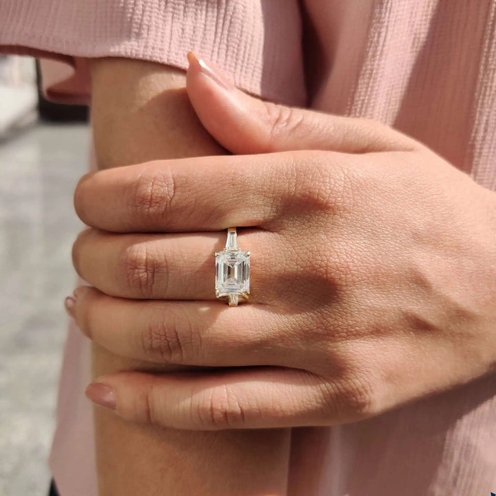 Moissanite Ring - Stunning Three Stone Emerald Cut Engagement Ring