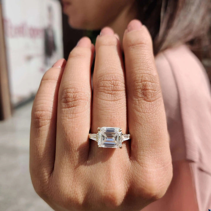 Moissanite Ring - Stunning Three Stone Emerald Cut Engagement Ring