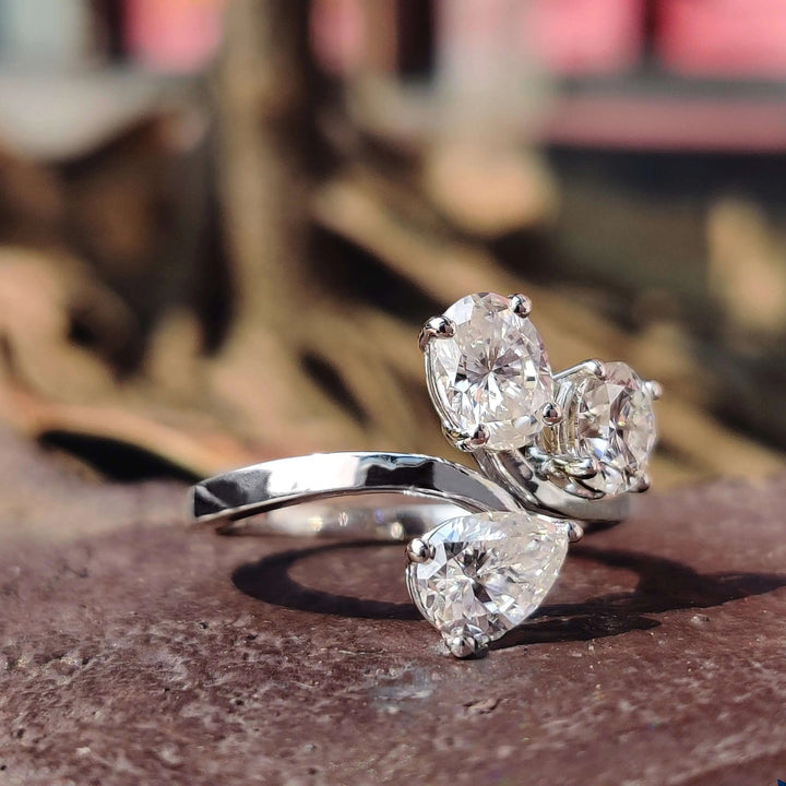 Moissanite Ring - Unique Three Stone Engagement Ring with Diverse Cuts