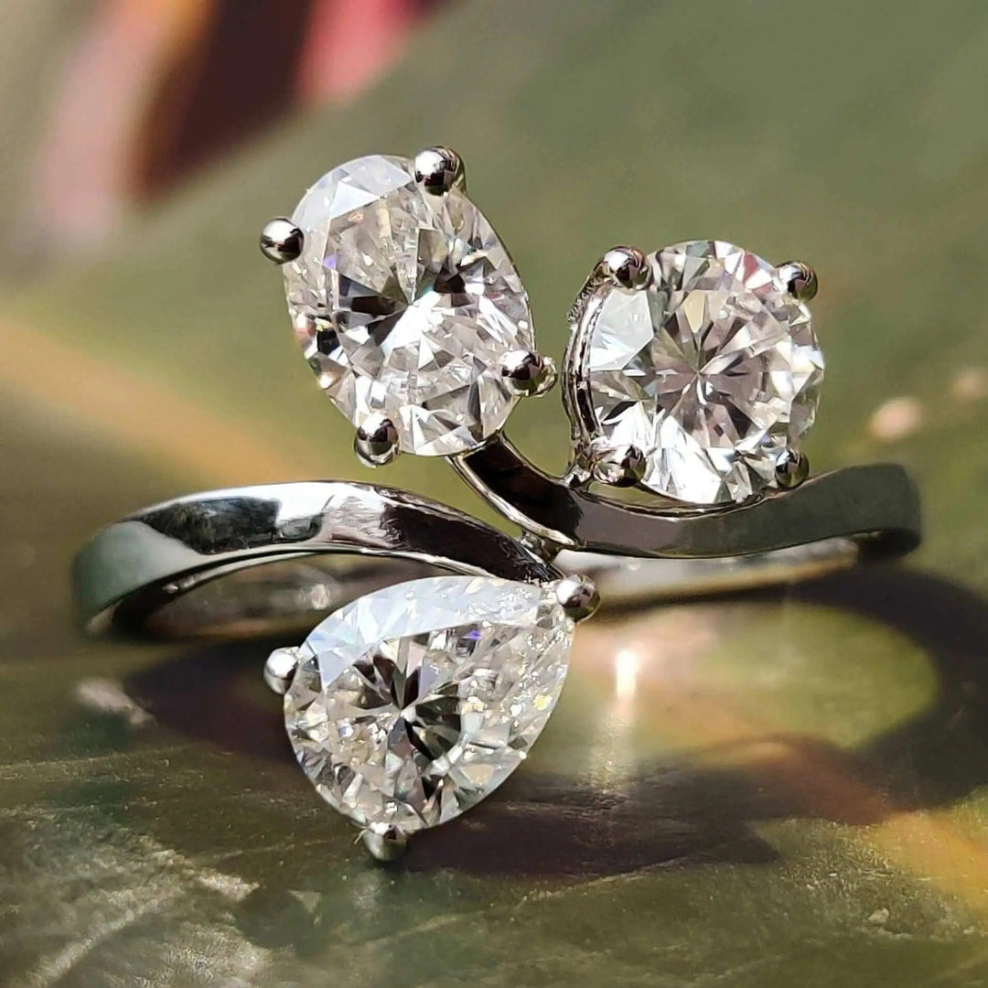 Moissanite Ring - Unique Three Stone Engagement Ring with Diverse Cuts