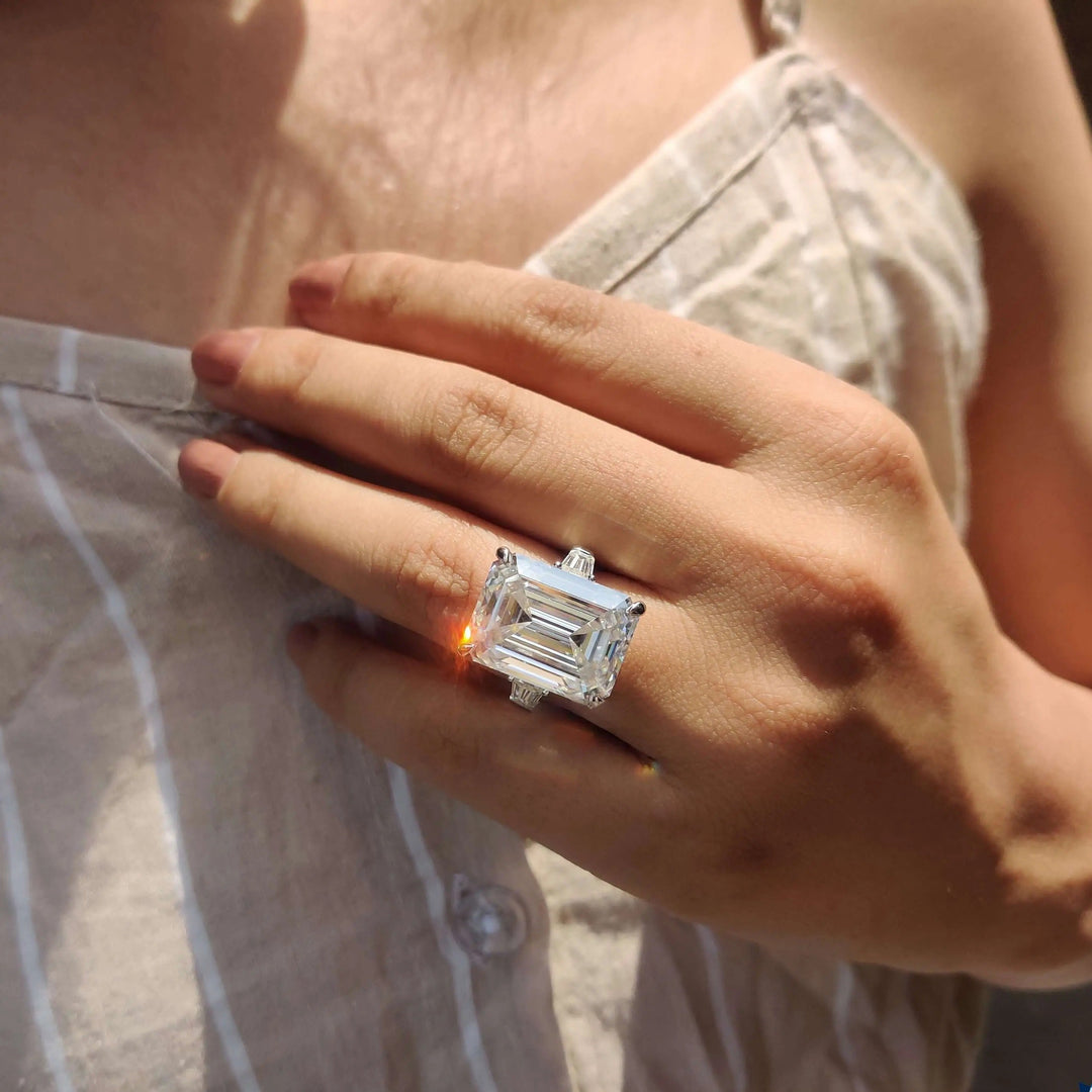 Moissanite Ring - Beautiful Three Stones Emerald Cut Engagement Ring