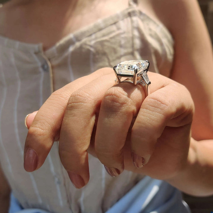 Moissanite Ring - Beautiful Three Stones Emerald Cut Engagement Ring
