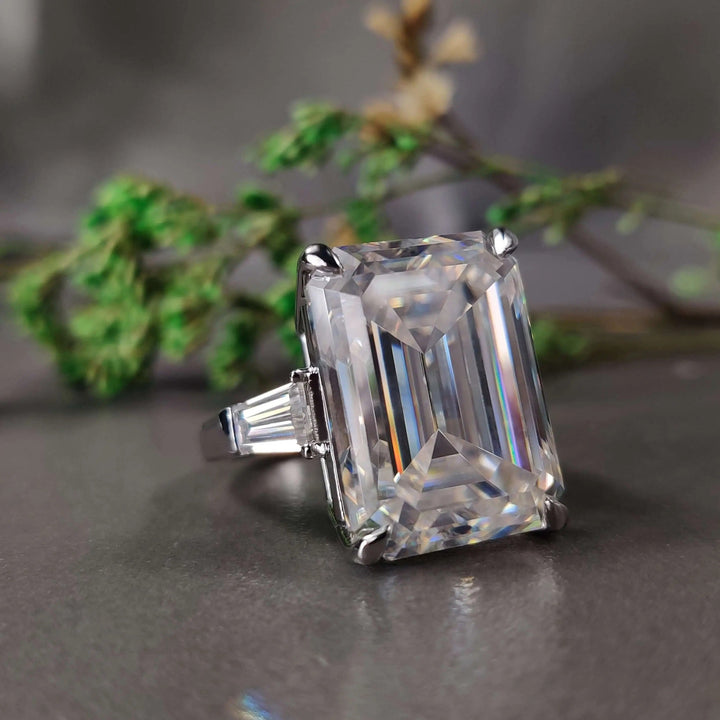Moissanite Ring - Beautiful Three Stones Emerald Cut Engagement Ring