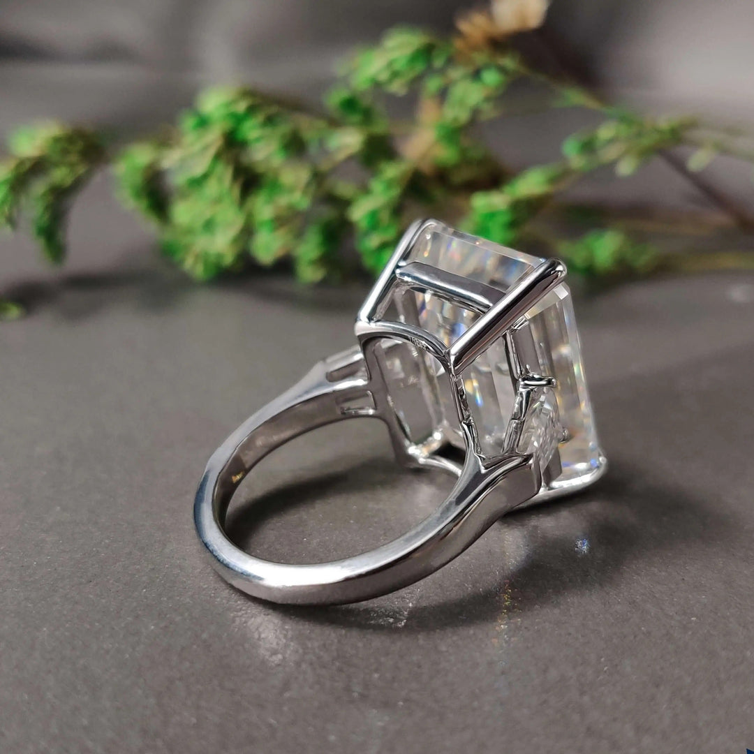 Moissanite Ring - Beautiful Three Stones Emerald Cut Engagement Ring