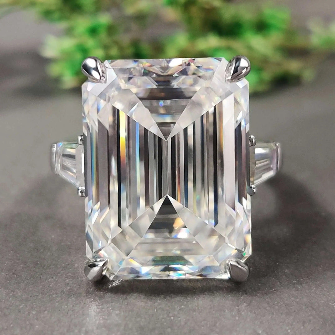 Moissanite Ring - Beautiful Three Stones Emerald Cut Engagement Ring