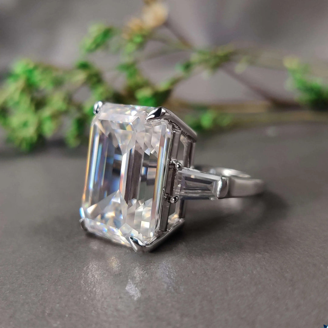 Moissanite Ring - Beautiful Three Stones Emerald Cut Engagement Ring