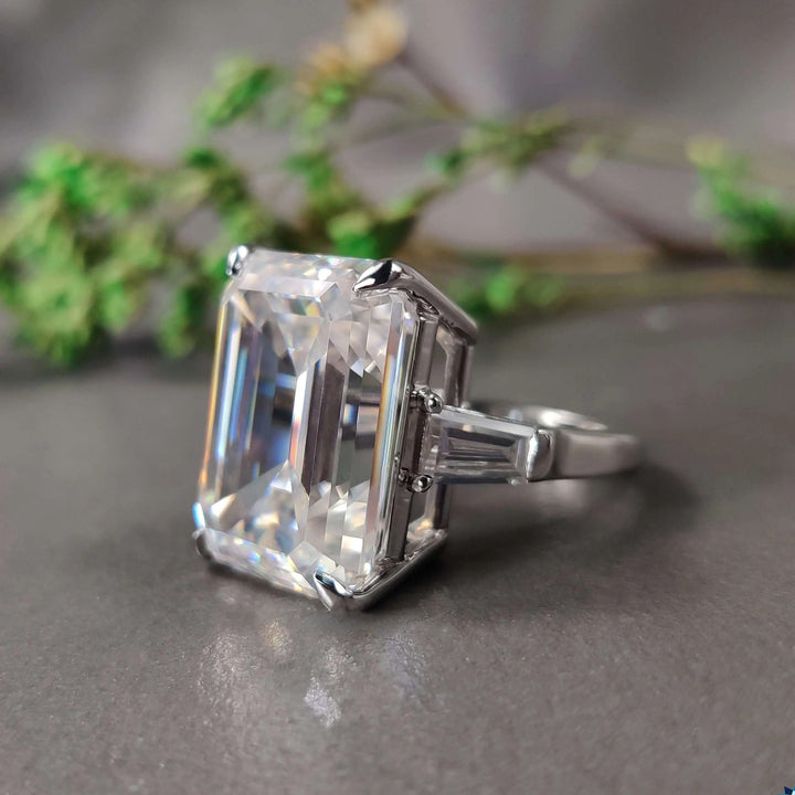 Moissanite Ring - Beautiful Three Stones Emerald Cut Engagement Ring