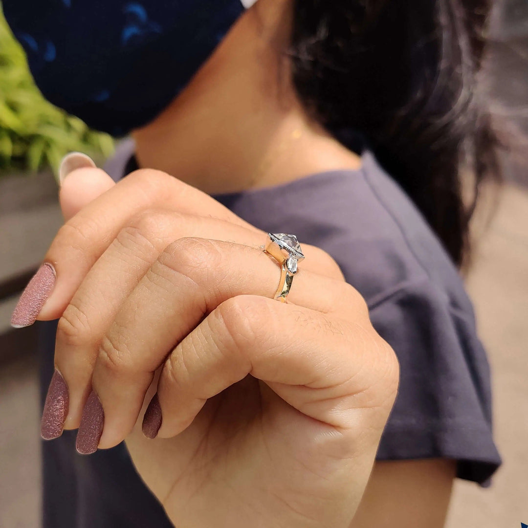 Moissanite Ring - Round Rose Cut Engagement Ring with Side Stones