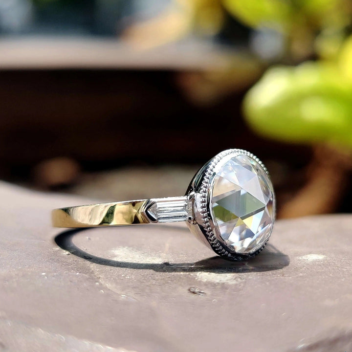 Moissanite Ring - Round Rose Cut Engagement Ring with Side Stones