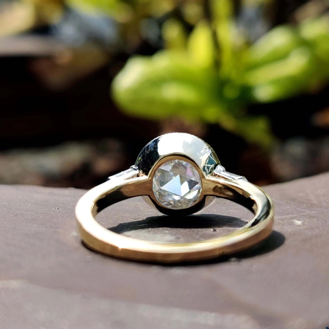 Moissanite Ring - Round Rose Cut Engagement Ring with Side Stones