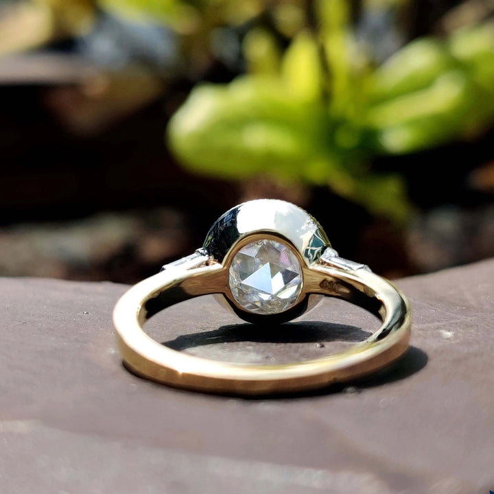 Moissanite Ring - Round Rose Cut Engagement Ring with Side Stones