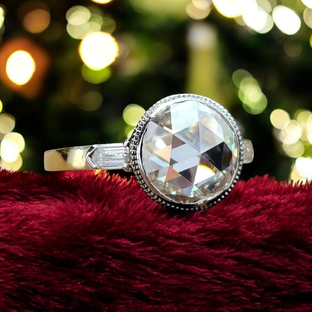 Moissanite Ring - Round Rose Cut Engagement Ring with Side Stones