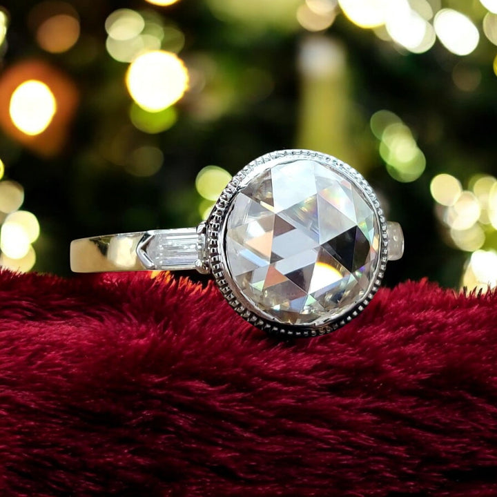 Moissanite Ring - Round Rose Cut Engagement Ring with Side Stones