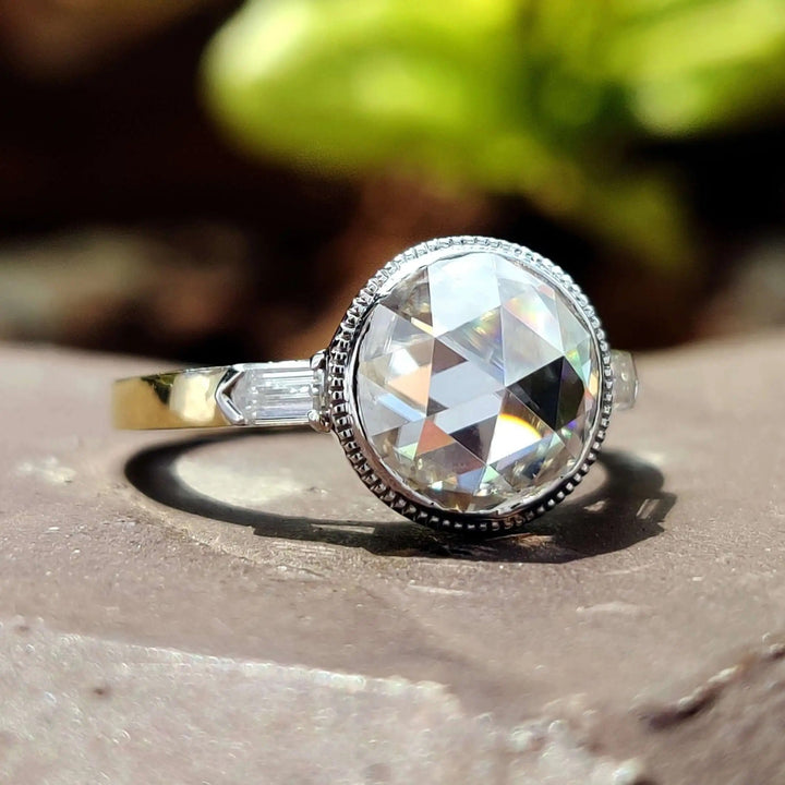 Moissanite Ring - Round Rose Cut Engagement Ring with Side Stones