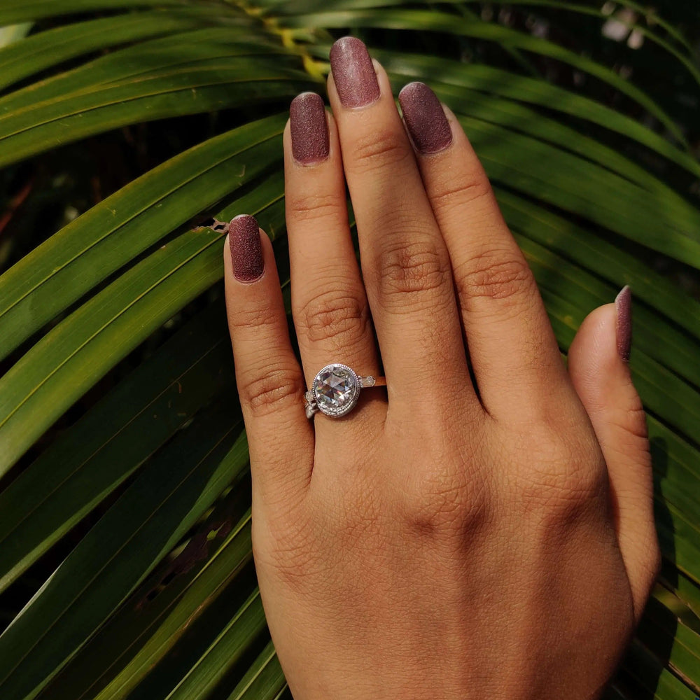 Moissanite Ring - Round Rose Cut Engagement Ring with Side Stones