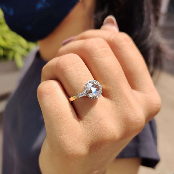 Moissanite Ring - Round Rose Cut Engagement Ring with Side Stones