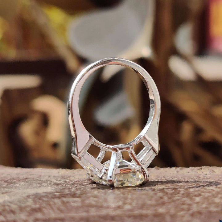 Moissanite Ring - Elegant Three-Stone Engagement Ring with Emerald Cut