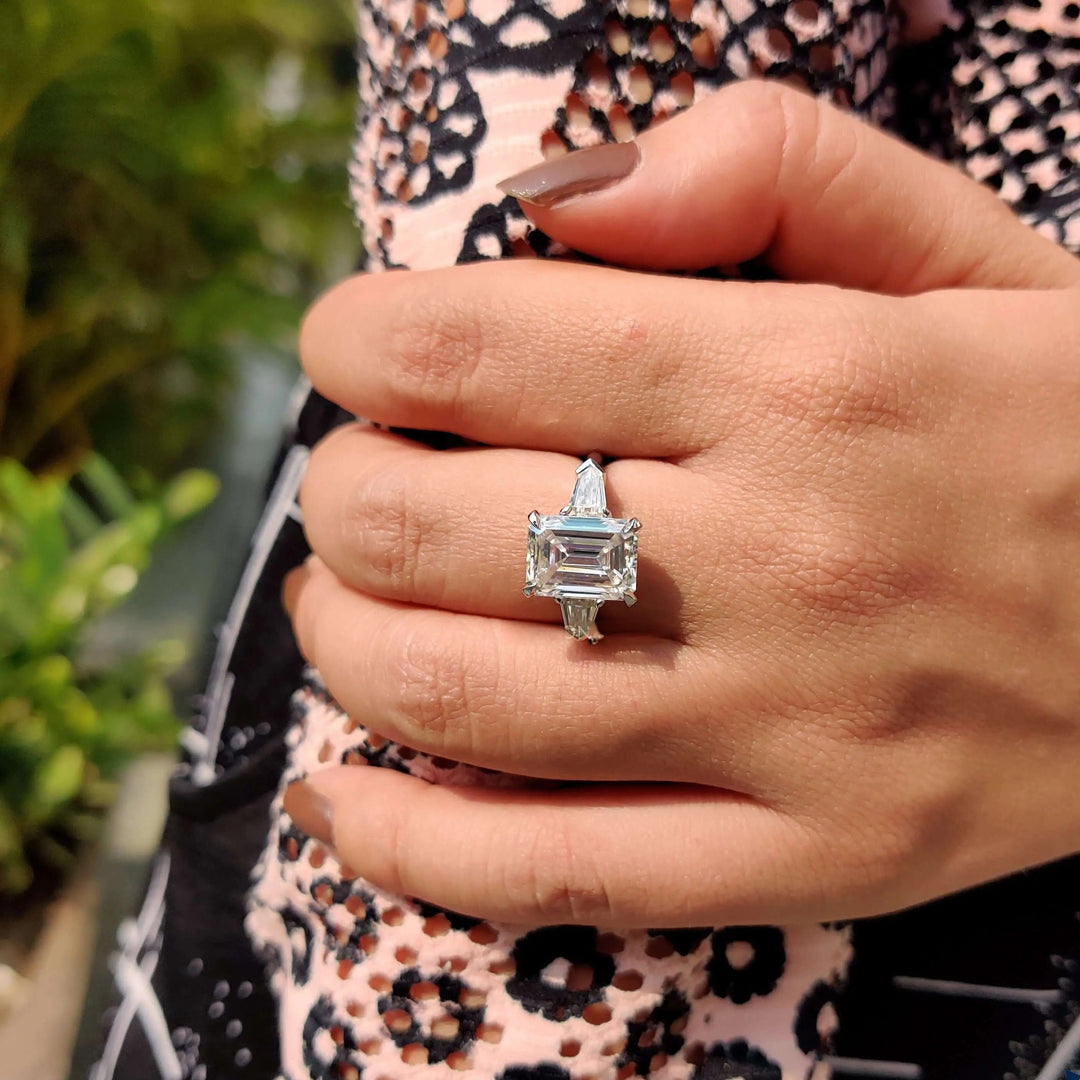 Moissanite Ring - Elegant Three-Stone Engagement Ring with Emerald Cut