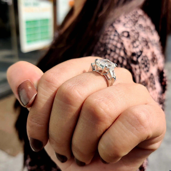 Moissanite Ring - Elegant Three-Stone Engagement Ring with Emerald Cut