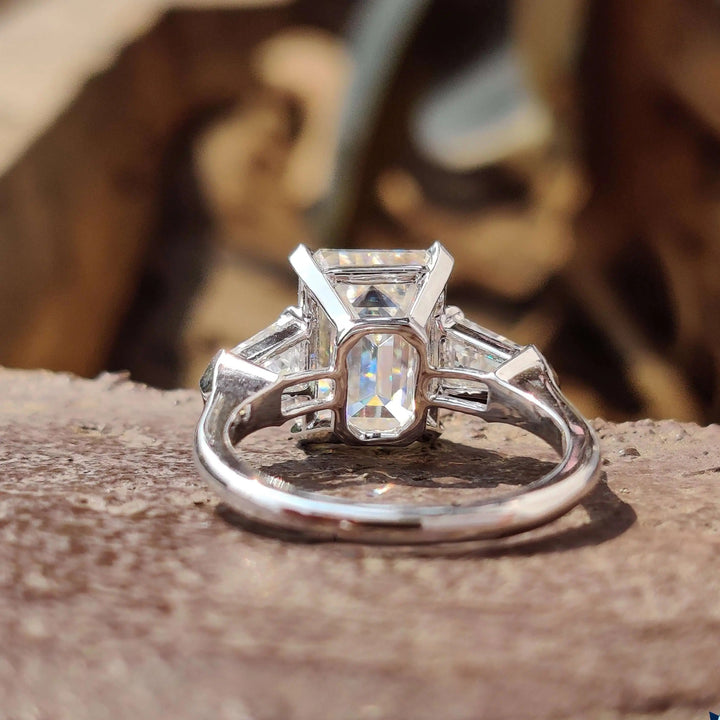 Moissanite Ring - Elegant Three-Stone Engagement Ring with Emerald Cut