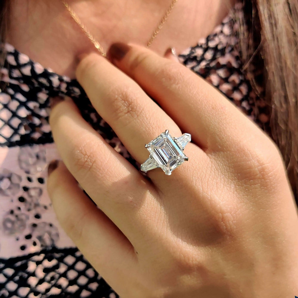 Moissanite Ring - Elegant Three-Stone Engagement Ring with Emerald Cut