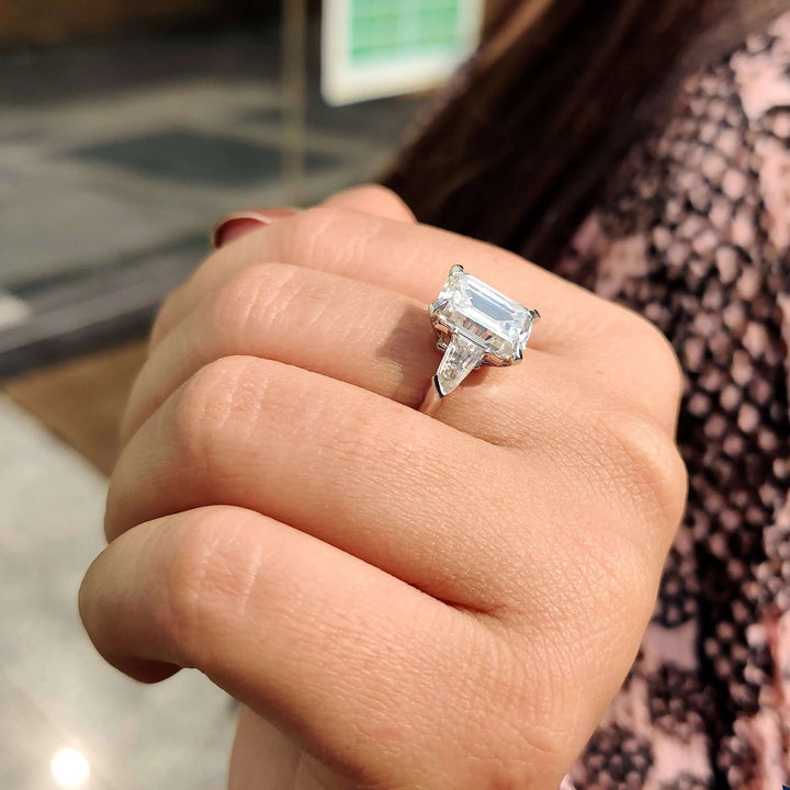 Moissanite Ring - Elegant Three-Stone Engagement Ring with Emerald Cut
