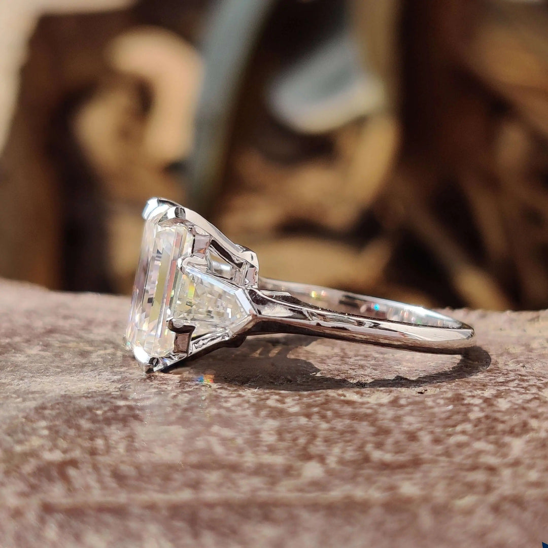 Moissanite Ring - Elegant Three-Stone Engagement Ring with Emerald Cut